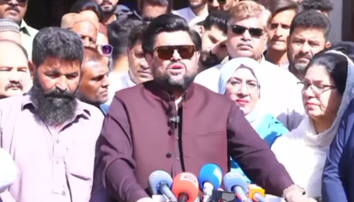 Sindh Governor Kamran Khan Tessori talking to the media after visiting the residence of the family of the couple who lost their lives near Malir Halt on April 2, 2025. — Screengrab via Facebook@TeamKTessori
