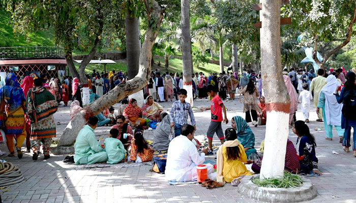 People sitting on the grass and enjoying food with family members at the zoo during Eid ul Fitr celebrations in Lahore on April 2, 2025. — APP