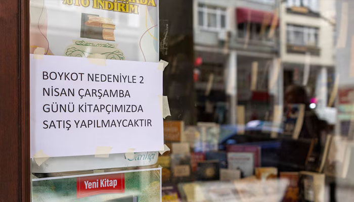 A note taped at the entrance of a book store reads, Due to boycott on April 2, Wednesday, we dont have sales at our book store, amid the oppositions call for a mass economy boycott to include a complete halt to shopping following the arrest of Istanbul Mayor Ekrem Imamoglu, in Istanbul, Turkey, April 2, 2025.—Reuters