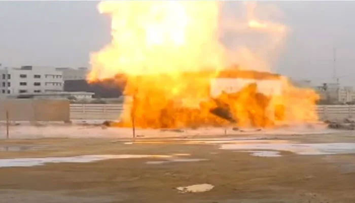 The image shows the sudden eruption of huge flame in a video being captured form distance on March 29, 2025. — Screengrab via Geo News