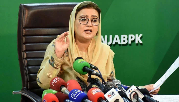Punjab Information Minister Azma Bokhari addresses media persons during a press conference in Lahore on March 6, 2025. — PPI