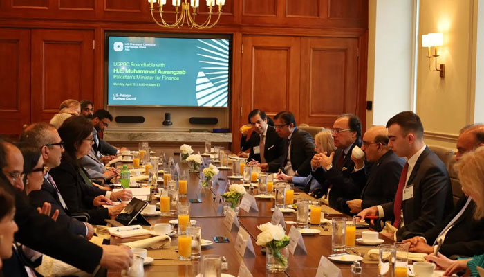 Minister of Finance Muhammad Aurangzeb meets US-Pakistan Business Council members in Washington on April 15, 2024. — X@Financegovpk