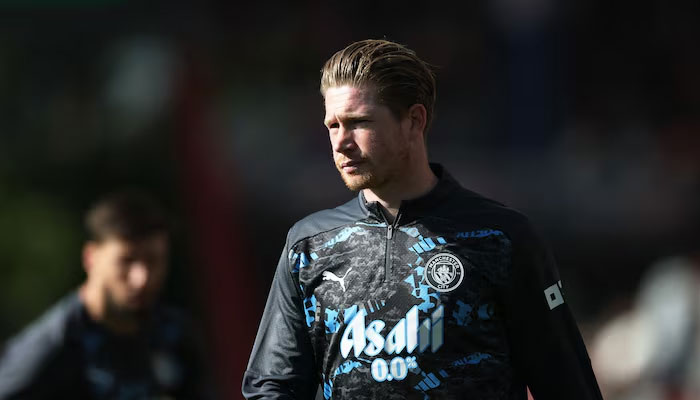 Manchester Citys Kevin De Bruyne during the warm up before the match. — Reuters/File