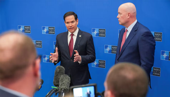 US Secretary of State Marco Rubio talks to reporters next to United States Permanent Representative to NATO Matthew Whitaker at the NATO headquarters in Brussels, Belgium, April 4, 2025. — Reuters