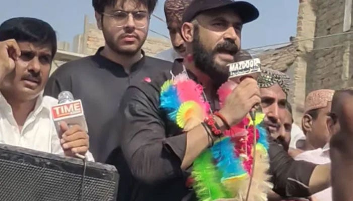 Junior Zulfiqar Ali Bhutto, the son of Shaheed Mir Murtaza Bhutto and grandson of ZA Bhutto addresses a rally in Shahdadkot on November 8, 2024. — Screengrab via Facebook@wazir.memon.7