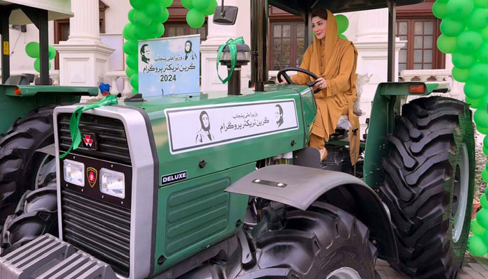 Punjab Chief Minister, Maryam Nawaz Sharif inspects the tractor during the launch of Green Tractor Scheme, in Lahore on Friday, November 1, 2024. — PPI