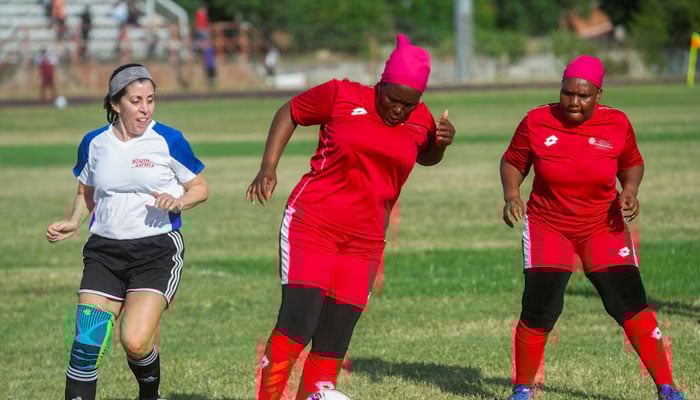 Players compete during the Grannies International Football Tournament (GIFT) 2023 at the Nkowankowa Stadium in Tzaneen, South Africa, March 26, 2023.—Reuters