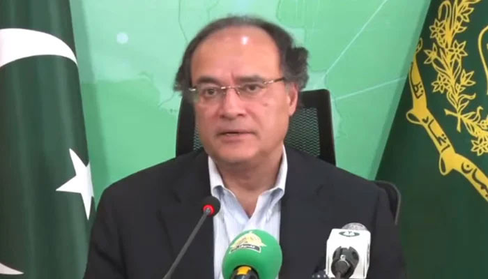 Finance Minister Muhammad Aurangzeb addressing a press conference in Islamabad, on June 30, 2024. — Screengrab/GeoNews