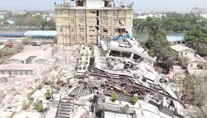 An aerial view shows flattened buildings and one damaged following an earthquake on March 28, in a location given as Mandalay region, Myanmar, in this screen grab obtained from a social media video released March 31, 2025. — Reuters