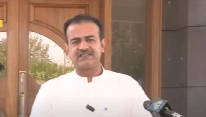 Balochistan government spokesperson Shahid Rind addresses press conference on April 5, 2025, in this still taken from a video. — Geo News Live/YouTube