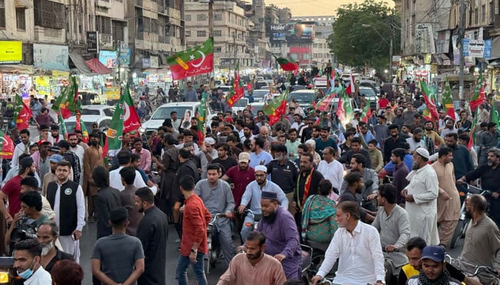 Leaders and members of political parties hold Save River Indus Movement rally against building new canals at Karachi press club on April 6, 2025. — PPI