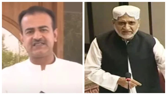 Balochistan government spokesperson Shahid Rind (left) and Balochistan National Party (BNP-M) chief Sardar Akhtar Mengal. — Screengrab via Youtube@Geo News Live/File