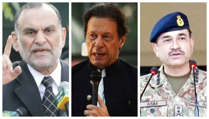 PTI leader Azam Swati (left) PTI founder Imran Khan (centre) and Chief of Army Staff (COAS) General Asim Munir. —AFP/ISPR/File
