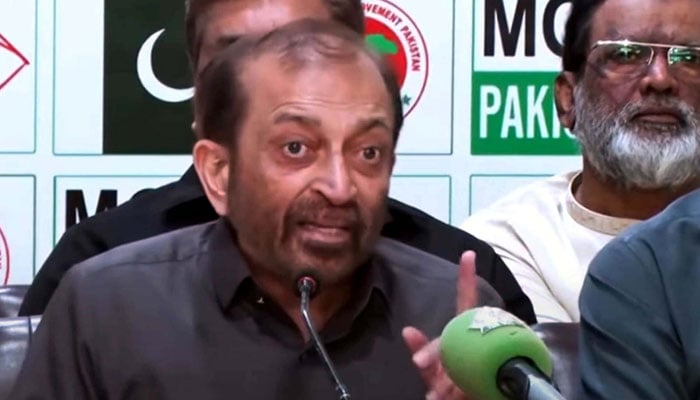 MQM-P senior leader Dr Farooq Sattar addresses to media persons during press conference, at Bahadurabad Markaz in Karachi on April 4, 2025. — PPI