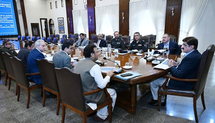 Sindh Chief Minister Syed Murad Shah chairs a meeting to review the law and order situation in the province held at CM House in Karachi on April 7, 2025. — PPI