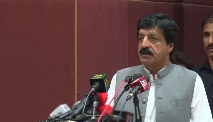 Governor Sardar Saleem Haider addressing the oath-taking ceremony of the newly-elected presidents and cabinet of the All Pakistan BISP Employees Welfare Association and Officers Association on April 7, 2025. — Screengrab via Facebook@officialbisp