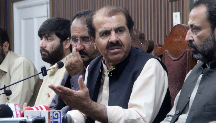 Senior Vice President of the Balochistan National Party (BNP), Advocate Sajid Tareen(centre) along with others addresses to media persons during press conference at Quetta press club on April 6, 2025. — PPI