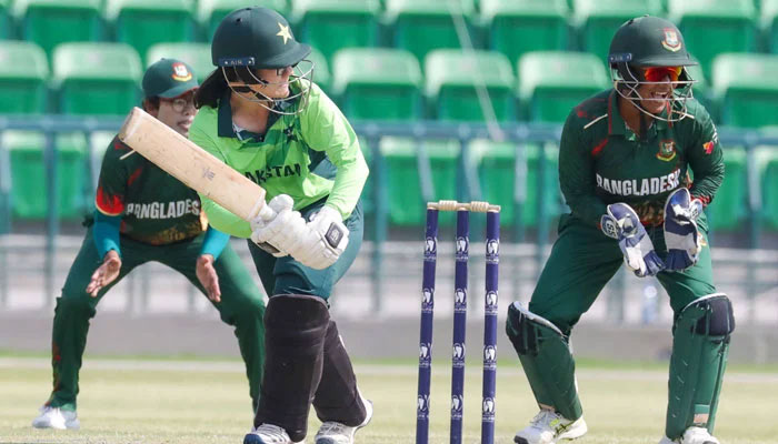 Pakistan As Gull Rukh plays a shot during the ICC Womens Cricket World Cup Qualifier match against Bangladesh at the Gaddafi Stadium in Lahore on April 8, 2025. — PCB
