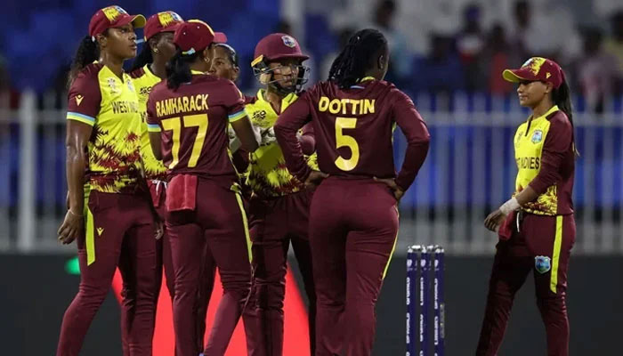 West Indies women players seen in a huddle.— AFP/File