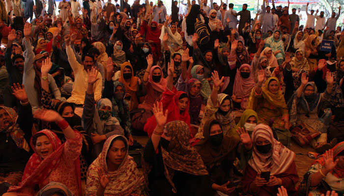 Members of Grand Health Alliance (GHA) protest demonstration against the privatisation of hospitals, basic health units and rural health centers, outside Punjab Assembly in Lahore on April 8, 2025. — PPI