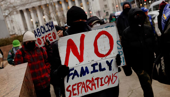 Demonstrators protest against US Immigration and Customs Enforcement (ICE) and deportations carried out by US President Donald Trumps administration, in New York City, US, February 13, 2025.—Reuters