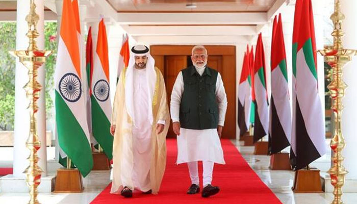 The Crown Prince of Dubai, Sheikh Hamdan bin Mohammed bin Rashid Al-Maktoum, walks with Indian Prime Minister Narendra Modi as they meet in New Delhi on April 8, 2025. —Indian Prime Minister’s Office