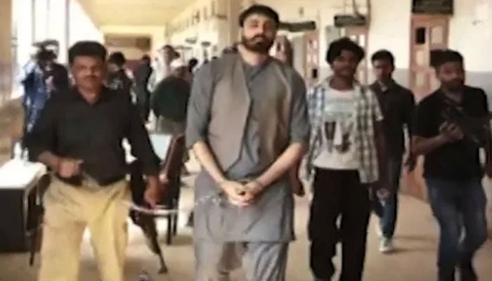 Actor Sajid Hassans son Sahir Hassan being produced before court in this undated photo. — Screengrab via Geo News/File