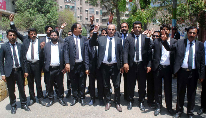 Lawyers protest demonstration against the attack on the President of the Karachi Bar Association Aamir Warraich, at Hyderabad press club on April 9, 2025. — PPI