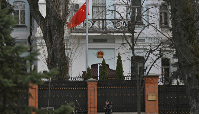 Chinese flag seen outside a Chinses embassy in Ukraine.— AFP/File