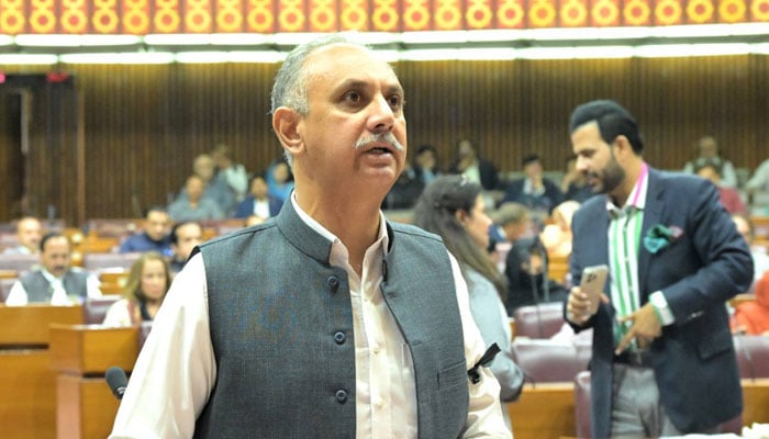 Opposition Leader Omar Ayub Khan is addressing the National Assembly session on April 9, 2025. — Facebook@OmarAyubKhan.Official