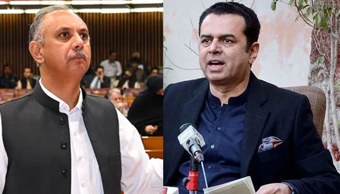 Opposition Leader in the National Assembly Omar Ayub Khan (left) and Minister of State for Interior Talal Chaudhry. — X@NAofPakistan/APP/File