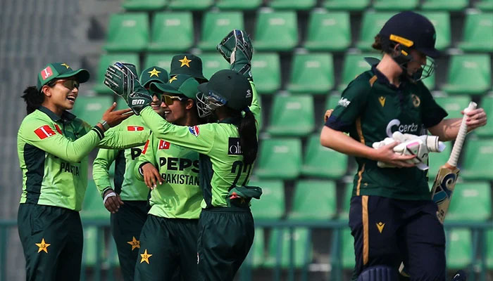 Pakistan players celebrate a dismissal during their ICC Womens Cricket World Cup Qualifier match against Ireland at the Gaddafi Stadium in Lahore on April 9, 2025 — Facebook/PakistanCricketBoard