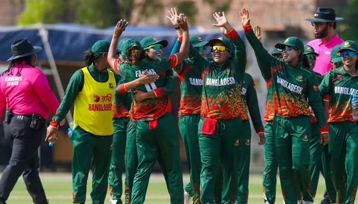 Bangladesh women cricket team celebrating after winning from Thiland, on April 10, 2025.—PCB
