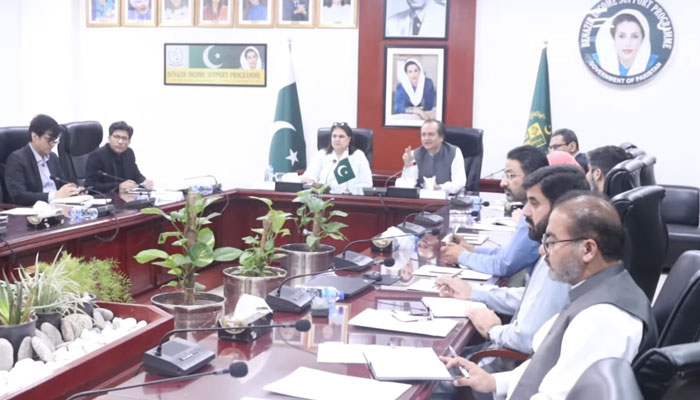 Chairperson Benazir Income Support Programme (BISP) Senator Rubina Khalid (centre left), along with Secretary BISP Amer Ali Ahmad (centre right), chairs an important coordination meeting regarding upcoming Benazir ‘Kafaalat’ tranche on April 9, 2025.  — Screengrab via Facebook@officialbisp