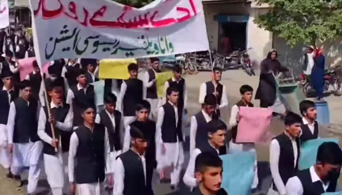 This screengrab taken on April 10, 2025, shows annual mass enrollment awareness walk in Wana Bazaar. — Facebook@mahmood.khan.313