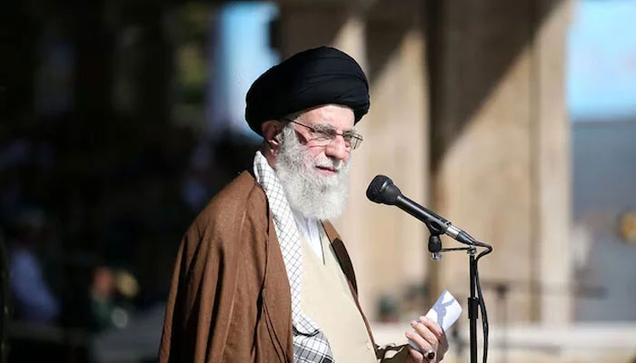 Irans Supreme Leader Ayatollah Ali Khamenei speaks during a graduation ceremony for armed forces officers at the Imam Ali academy in Tehran, Iran on October 10, 2023. — Reuters
