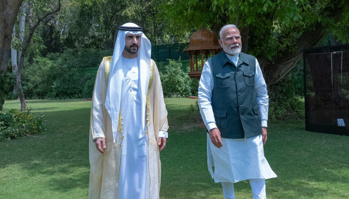 Dubai Crown Prince Sheikh Hamdan bin Mohammed (left) and Indian Prime Minister Narendra Modi. — X@hamdanmohammed