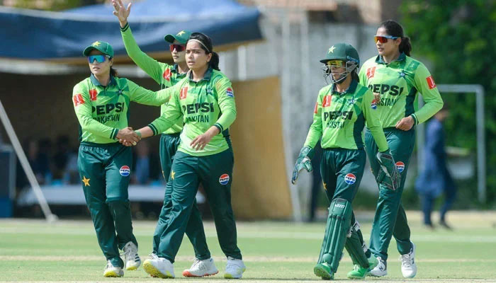 Pakistans Fatima Sana celebrates taking a wicket with teammates during their ICC Womens Cricket World Cup Qualifier match against Scotland at the Lahore City Cricket Association Ground in Lahore on April 11, 2025. — PCB