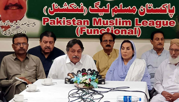 Sindh GDA Chief Coordinator and Pakistan Muslim League-Functional President Syed Sadaruddin Shah Rashdi  along with Fehmida Mirza addressing a press conference, in Karachi on  April 11, 2025. — PPI