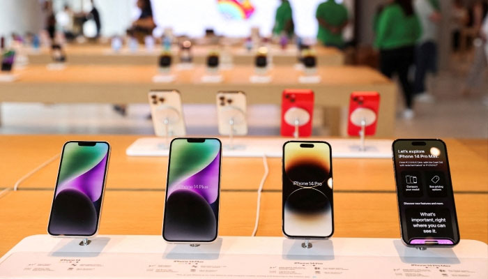 Apple iPhones are seen inside Indias first Apple retail store during a media preview a day ahead of its launch in Mumbai, India, on April 17, 2023. — Reuters