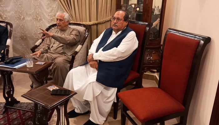 Former Secretary of Home and Tribal Affairs Dr Syed Akhtar Ali Shah (left) chairs a meeting of the National Think Tank in this image released on November 5, 2023. — Facebook@EngrSherAmanKhan