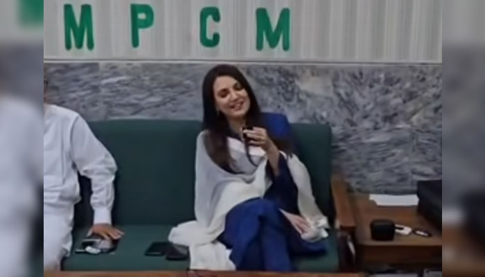 Celebrity Reham Khan  addressing a presser at the press club on April 13, 2025. — screengrab via Facebook@OfficialRehamKhan