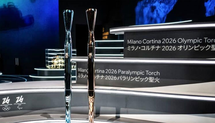The torches for the Milano Cortina 2026 winter olympic (left) and paralympic (Right) games are diplayed during their unveiling ceremony at the Italy Pavilion in Osaka on April 14, 2025, on the second day of the six-month 2025 Osaka Expo. —AFP