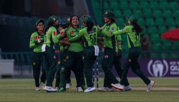 Pakistan womens team celebrate after win over West Indies team in their ICC World Cup Qualifiers match at the Gaddafi Stadium in Lahore on April 14, 2025. —PCB