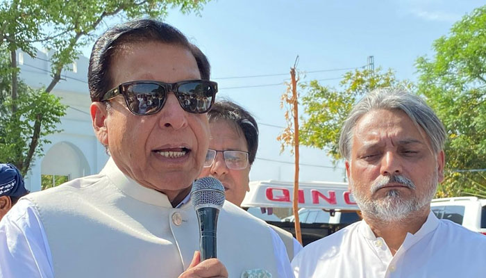 Former prime minister and senior Pakistan People’s Party (PPP) leader Raja Pervaiz Ashraf speaking to media on April 11, 2025. — Facebook@PervezAshrafPPP