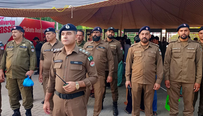 In this image Punjab police personnel standing guard on the road on April 13, 2025. — Facebook@PunjabPolicePakistanOfficial