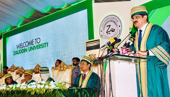 Sindh Chief Minister, Syed Murad Ali Shah addresses the Ziauddin University Convocation 2025 at the Education City Campus Link road in Karachi on April 16, 2025. — PPI