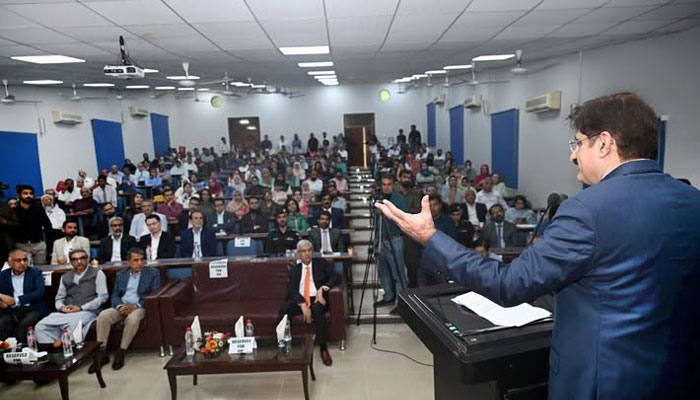 Sindh Chief Minister Syed Murad Ali Shah addresses the inauguration ceremony of the Comprehensive Cancer Centre and Girls Hostel at Dow University of Health Sciences, Ojha Campus, April 16th, 2025. —Facebook@SindhCMHouse