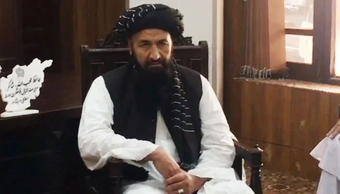 Hafiz Mohibullah Shakir, the acting consul general at the Afghan Consulate in Peshawar, during a meeting in Peshawar, on October 25, 2023, in this still taken from a video. — TheNews