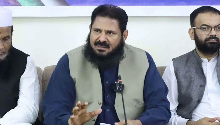 Ameer Jamaat-i-Islami Punjab Central, Muhammad Javed Kasuri speaking at a press conference in Mansoora on March 27, 2025. — Facebook@JI4Punjab